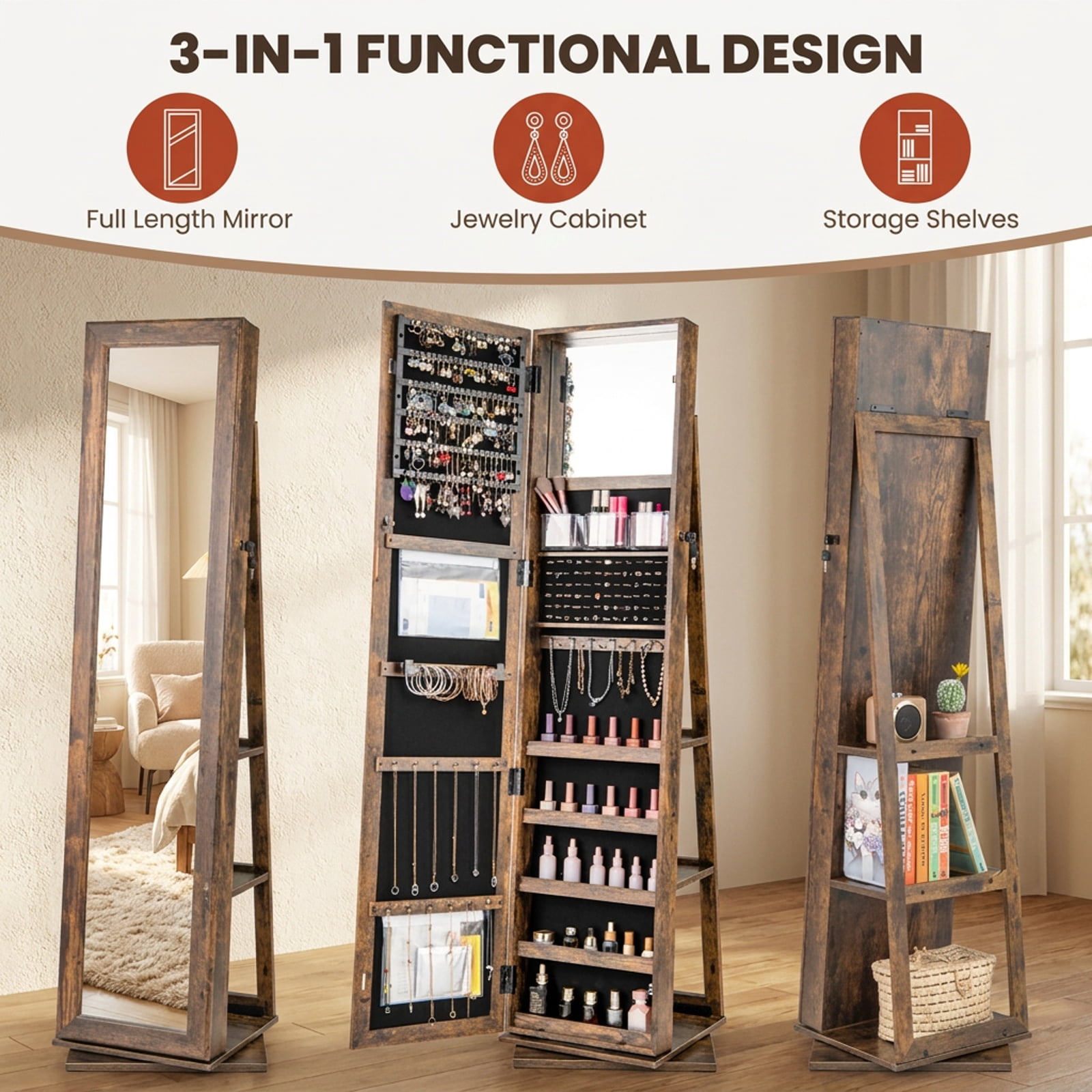 Furnibear 360° Swivel Jewelry Armoire Standing Jewelry Organizer with Full Length Mirror and Back Shelves for Bedroom Dressing Room, Rustic Brown