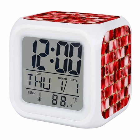 Alarm Clocks Red Floral Leaves Digital Clock 7 Color LED Night Light Silent Non-Ticking Battery Operated Ethnic Style Lattice Cube Clocks Decorative for Bedroom Bedside Living Room Office School