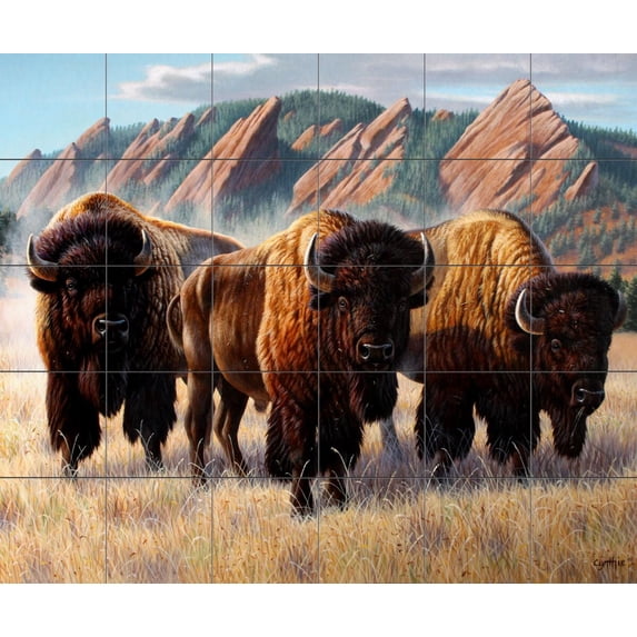 Tile Mural Kitchen Backsplash - Bison Under The Flatirons-CF - by Cynthie Fisher