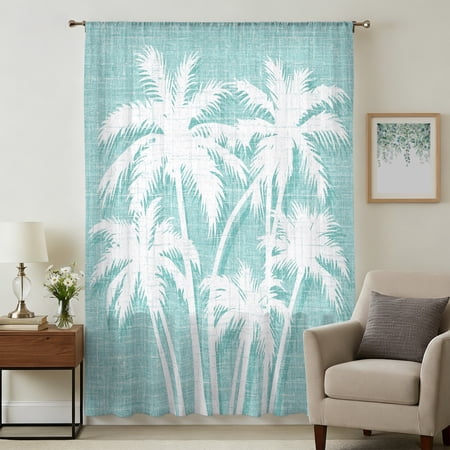 Tropical Palm Tree Sheer Curtains 96 Long Vintage Mint Green Exotic Botanical Plants Light Filering Curtains Privacy Drapes Simi Floor to Veiling Curtain for Living Room Bedroom Window Treatment