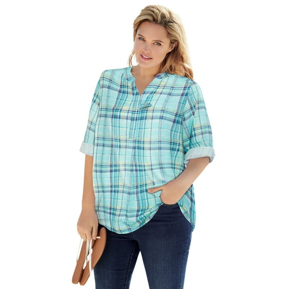 Woman Within Plus Size Rayon Three-Quarter Sleeve Effortless Tab-Front Blouse