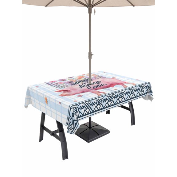 Outdoor Tablecloth with Umbrella Hole for Patio/Picnic/Party/Camping, Farmhouse Wildflowers Waterproof Table Cloth Rectangle Table Cover Washable, Spring Watercolor Floral Pigs Blue (52"x 70")