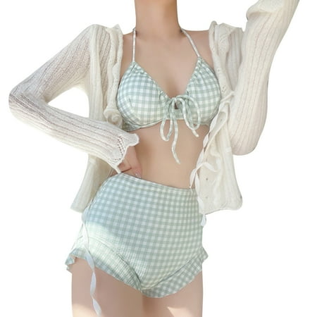 Women Fashion Small Fresh Lattice Bikini Slim Show Thin Hot Spring Swimsuit Womens Swimming Suits with Skirts