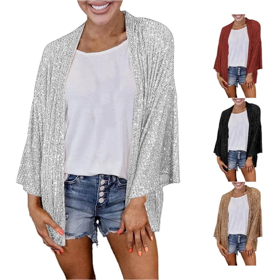 PMVFHDE Women's Loose Sequin Wide Legged Top Solid Color Open Front Cardigan Silver - M