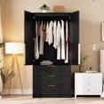 thumbnail image 2 of Armoire Wardrobe Closet with 3 Drawers and 2 Doors, Modern Tall Wooden Wardrobe Cabinet for Hanging Clothes, Bedroom Storage Organizer, Black, 2 of 8