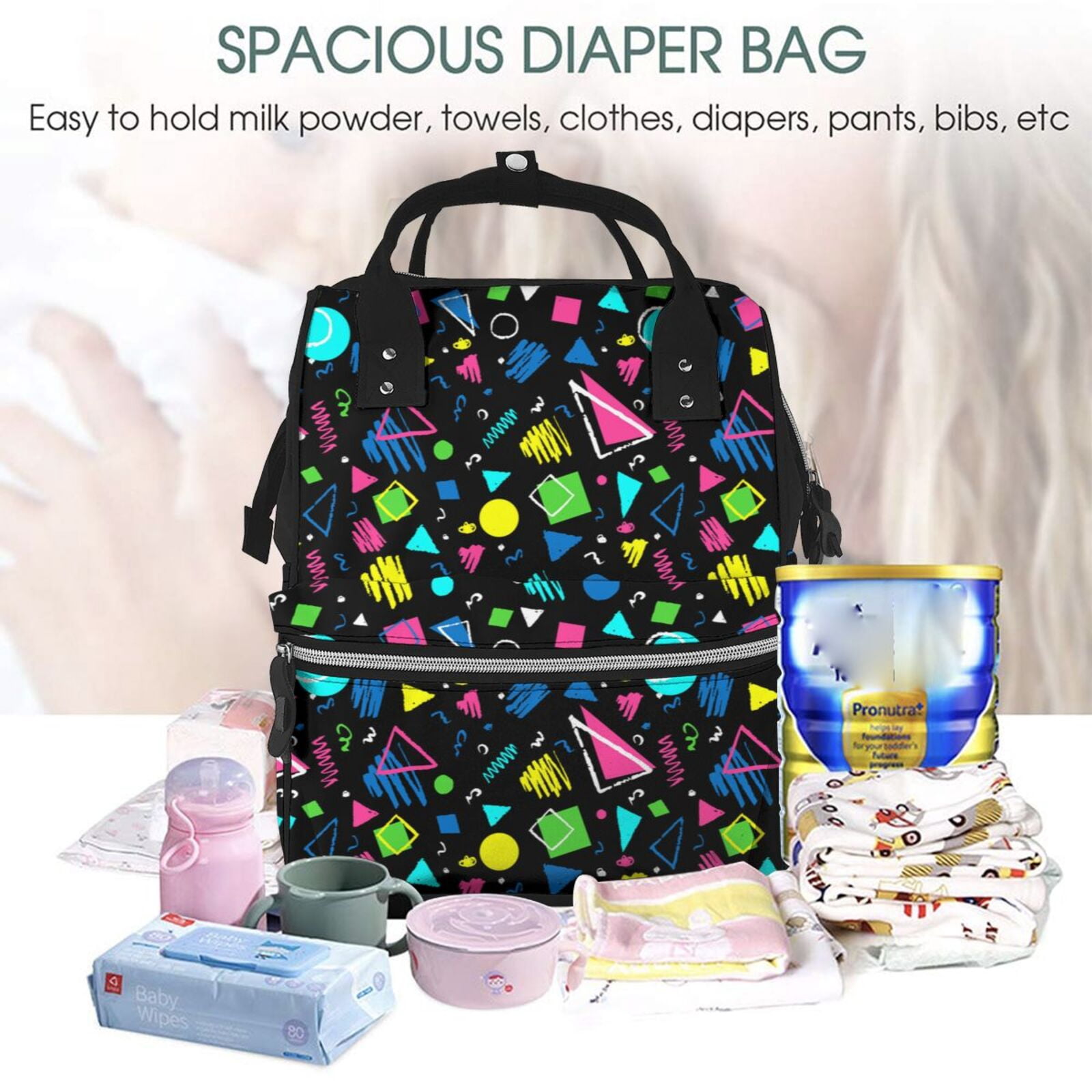 Ratiio Geometric 1980s Styled Mummy Backpack - Waterproof Twill Canvas, Large Capacity Diaper Bag with Multiple Pockets and Adjustable Straps