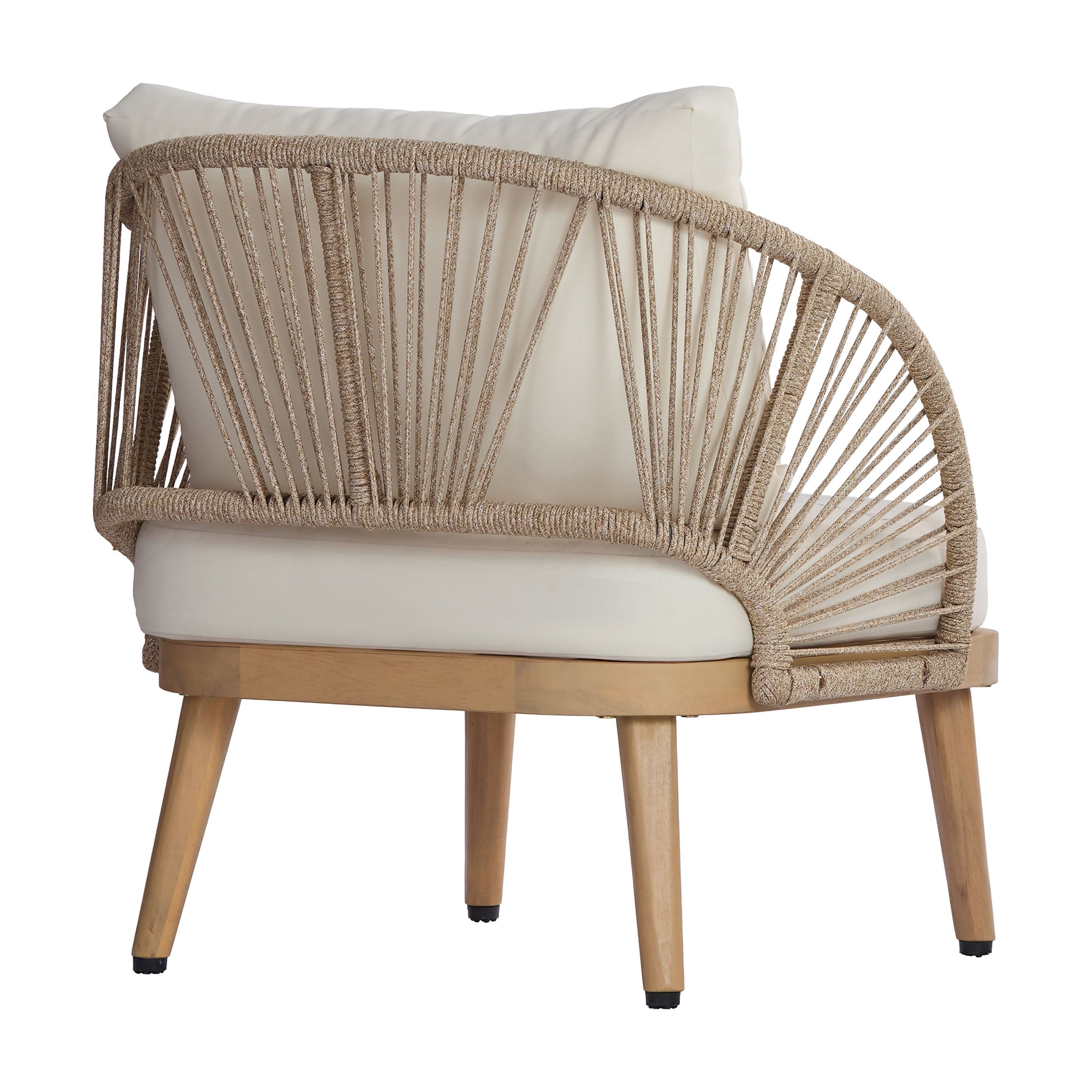 Tub Style Club Chair, Acacia Wood Outdoor Chair with Handwoven Rope Accents for Patio, Teak and Cream