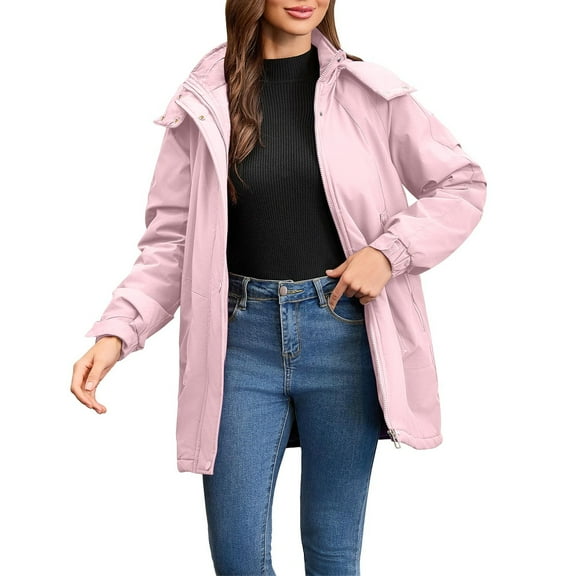 Womens Warm Parka Jackets Winter Quilted Fleece Lined Waterproof Trench Coats Windbreaker Zipper Hooded Jackets Outwear Pink, M