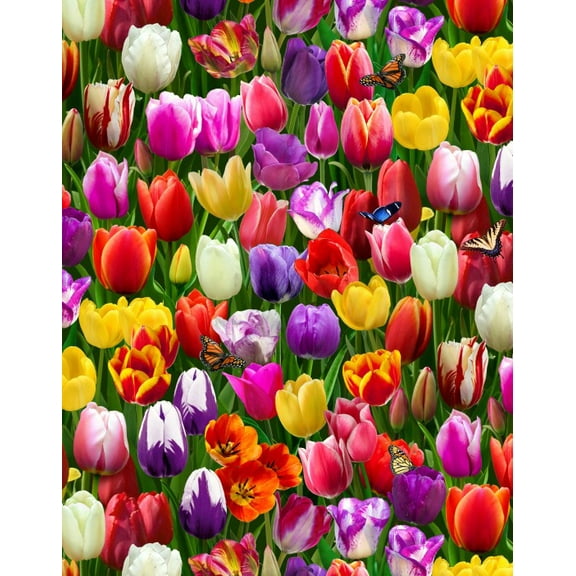 Cotton Burst of Color Flower Field Spring Tulips Butterflies Floral Garden Elizabeth Studios Multicolor Cotton Fabric Print by the Yard (664MULTI)