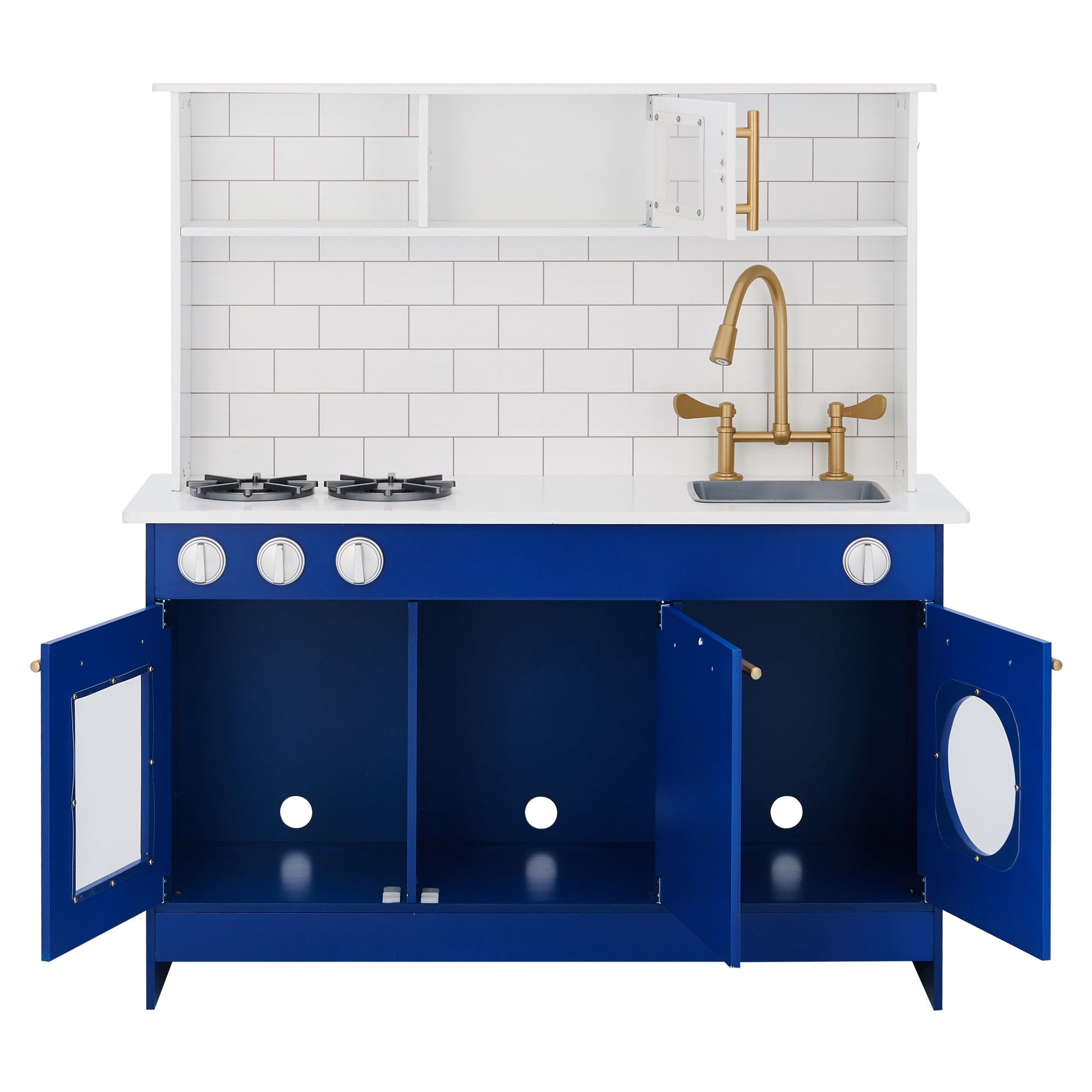 Teamson Kids Blue Wooden Kitchen Play Set with Gold Hardware, Subway Tile Backsplash and Pretend Play Cookware Accessories - Little Chef Berlin Modern
