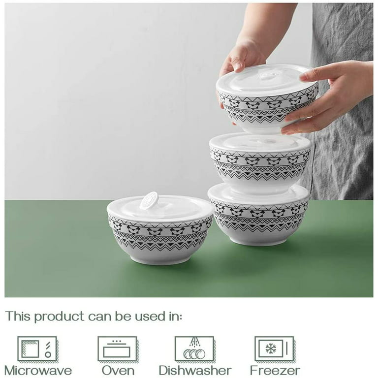 DOWAN Porcelain Bowls Set with Lid, 22 oz Cereal Soup Bowls, Ceramic Food Storage Bowls, Dishwasher & Microwave Safe, Prep Bowls for Kitchen, Modern