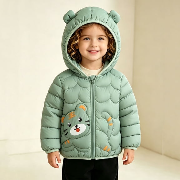 Spazoro Toddler Girls Hooded Puffer Jacket, Lightweight Soft Long Sleeve Zip Up Animal Print Warm Winter Outerwear for Little Girls Green Size 3-4T