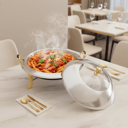 Round Chafing Dish, 3.17QT Stainless Steel Buffet Warmer Tray with Lid and Chafing Fuel Holder for Kitchen Party Dining Buffet Catering Event Parties (Gold)