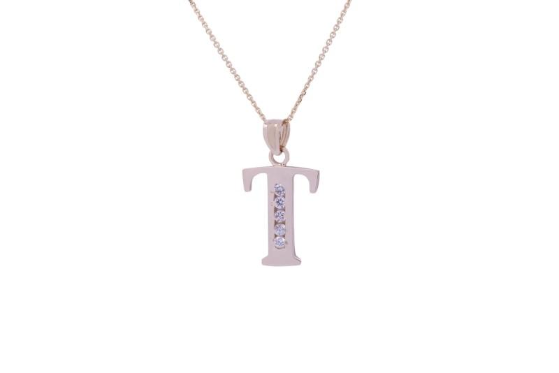 Letter T CZ Initial Pendant with 