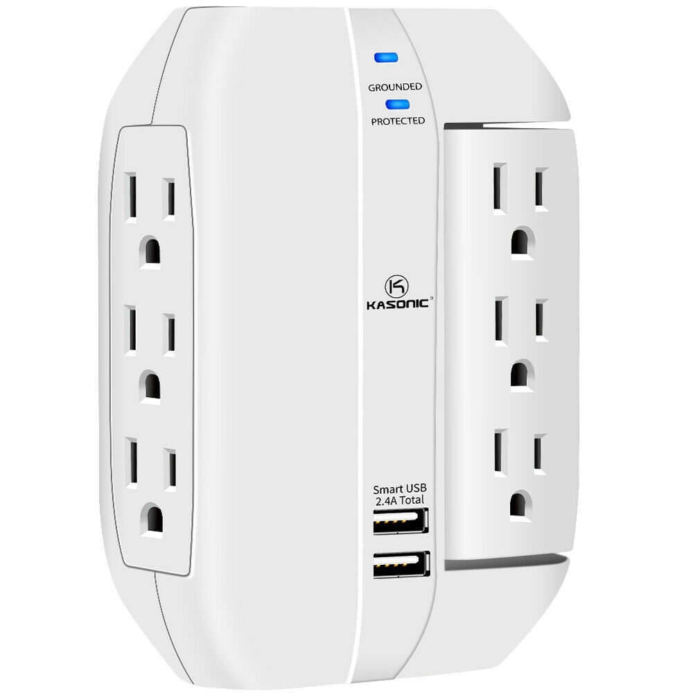 Kasonic 6Grounded Outlets with Dual USB Charging Ports, Space Saver