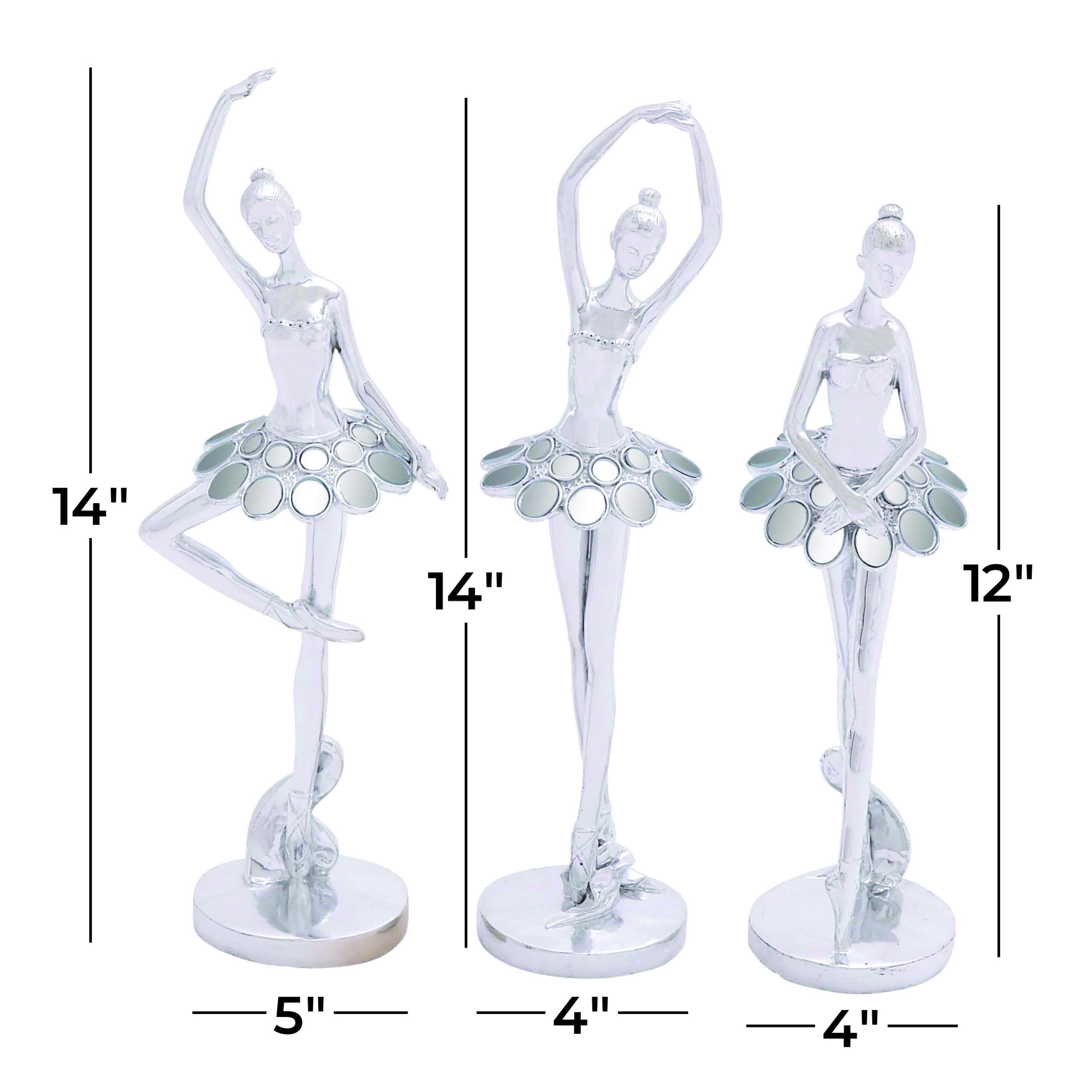 5"W, 14"H Silver Polystone Dancer Sculpture with Mirror Accents, by DecMode (3 Count)