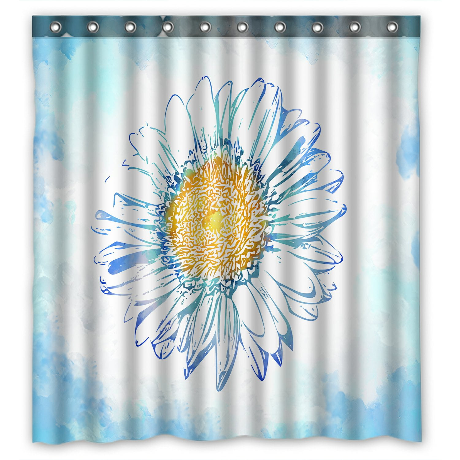 PHFZK Watercolor Shower Curtain, Daisy Flower Floral Blue Polyester