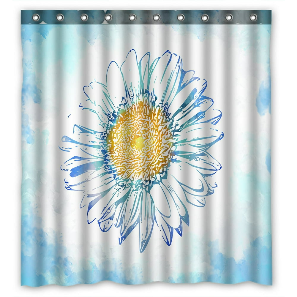 PHFZK Watercolor Shower Curtain, Daisy Flower Floral Blue Polyester Fabric Bathroom Shower