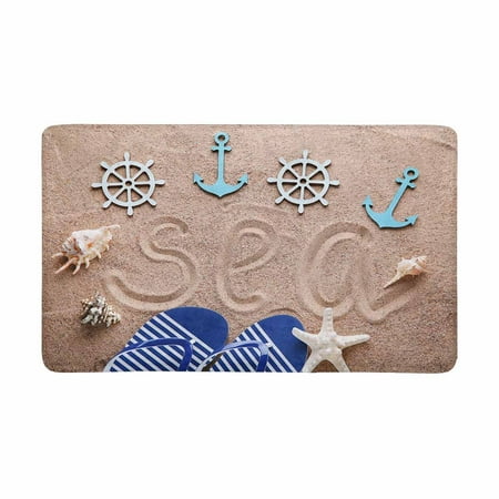 Nautical Decor Rugs MKHERT Flip Flop on Beach Sand with Nautical Anchor and Star Fish Doormat Rug Home Decor Floor Mat Bath Mat 30x18 inch ()