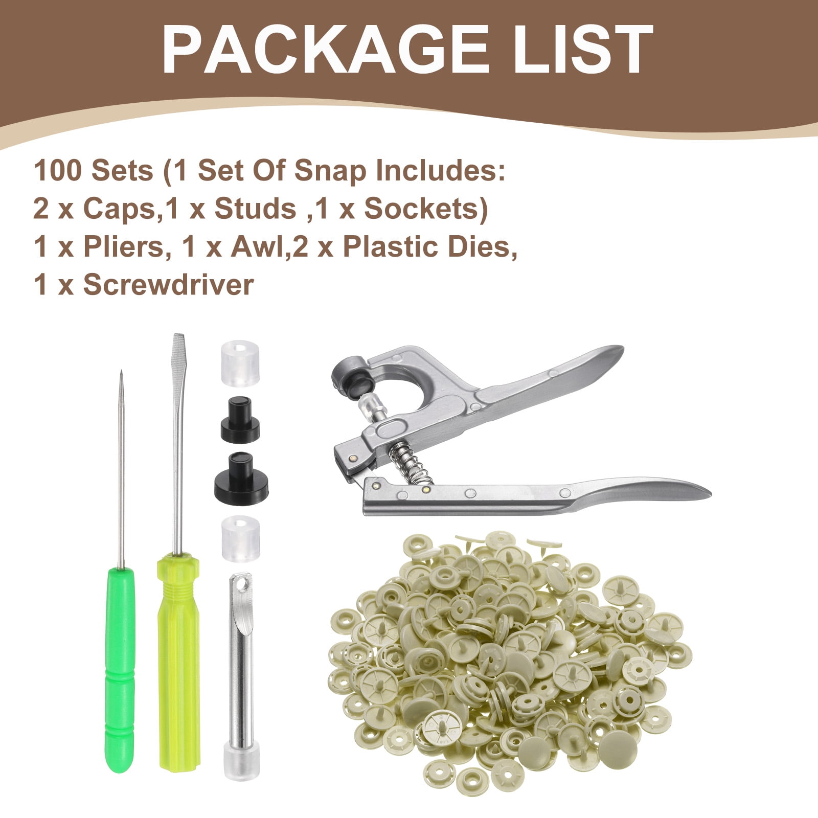 Uxcell Plastic Snaps Fasteners with Snap Pliers, 100 Set T8 Round Resin No-Sew Button Snap Fasteners Kit Beige