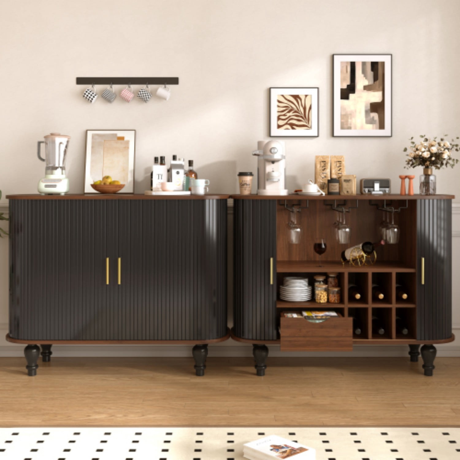 39" Fluted Wine Bar Cabinet, Mid-Century Modern Liquor & Coffee Station with 6 Wine Racks, Glass Holders, Drawer & Side Storage, Black