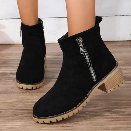 

YOUSNH Women s Stylish Autumn/Winter Leather Leather Solid Color Ankle Boots Casual Side Zipper Boots with Temperament Women Boots Black 8