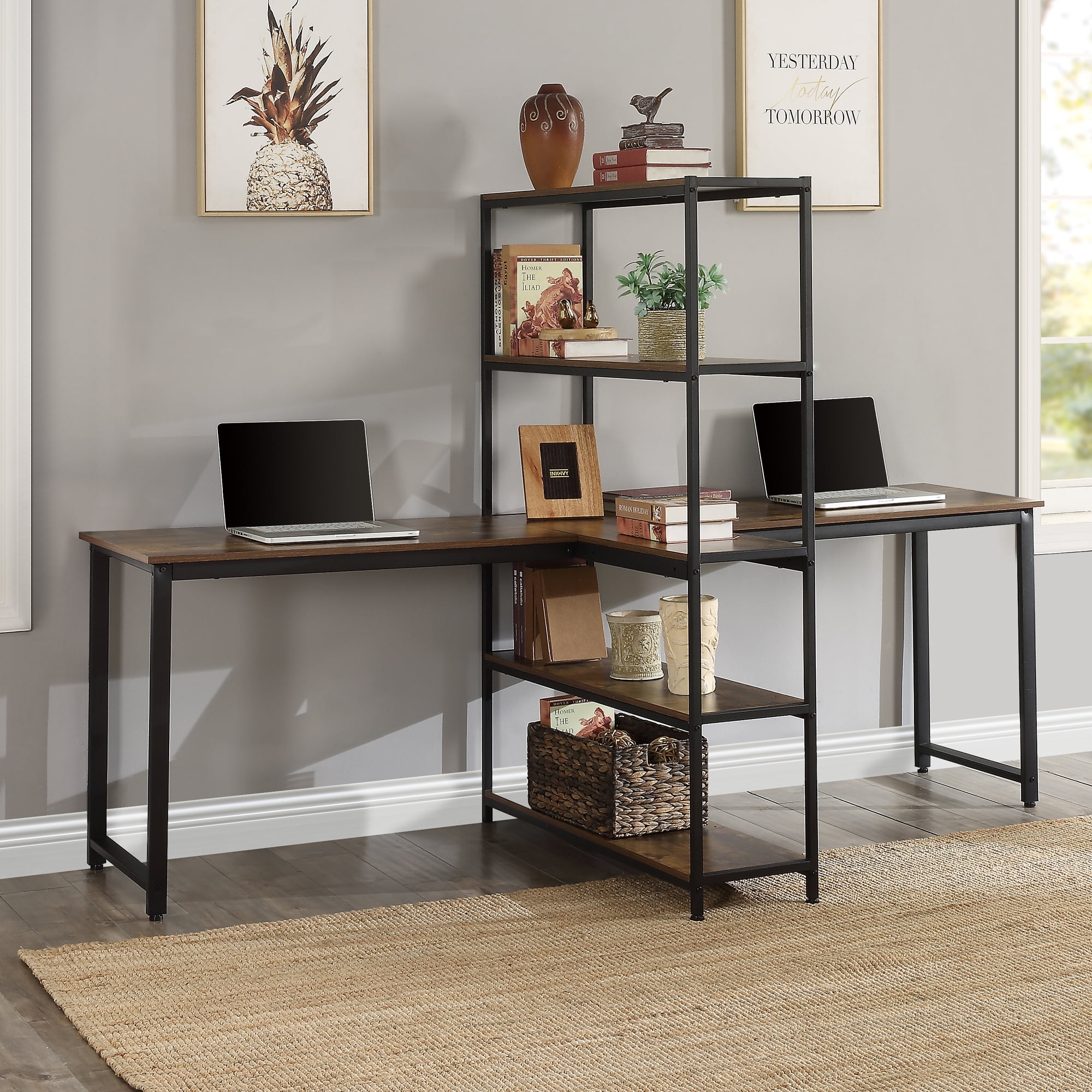 Laptop Table Study Desk Rustic Brown Brown, 47 inch Metal Frame PC Table Adesi Computer Desk Home Office Writing Desk,Simple Modern Style Gamer