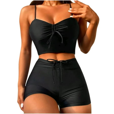 Tummy Control Tankini Swimsuits for Women s 2 Piece Bikini Tank Top with Bikini Bottom Women Bandeau Bandage Solid Bikini Set Push-Up Brazilian Swimwear Beachwear Swimsuit Black L
