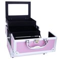 thumbnail image 4 of Makeup Train Case with Lock and Mirror, Portable Aluminum Cosmetic Organizer Box 2 Trays (Pink), 4 of 9