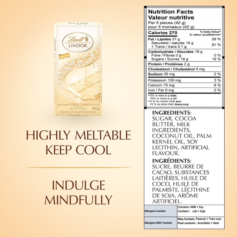 Chocolat blanc LINDOR de Lindt – Barre (100 g) Tablette/Barre 100g
