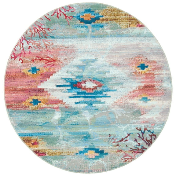 SAFAVIEH Barbados Aztec Corals Outdoor Area Rug, Light Blue/Pink, 6'6" x 6'6" Round