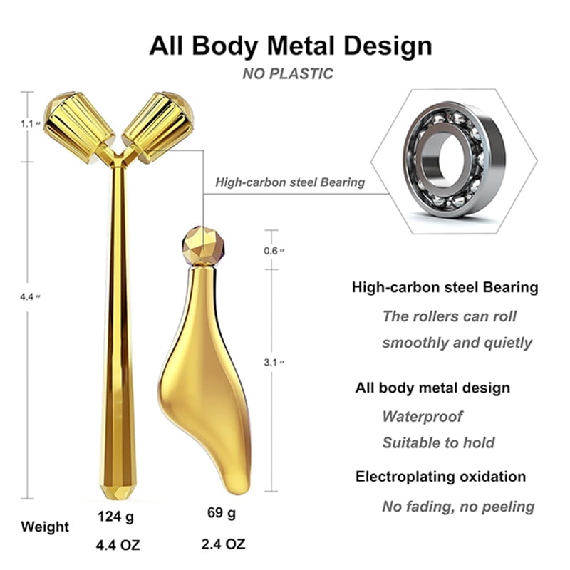 Face Massager Roller, 3D Roller Facial Massager and Gua Sha Massage Roller Tool Set for Women, Facial Skin Care Tools (Gold)