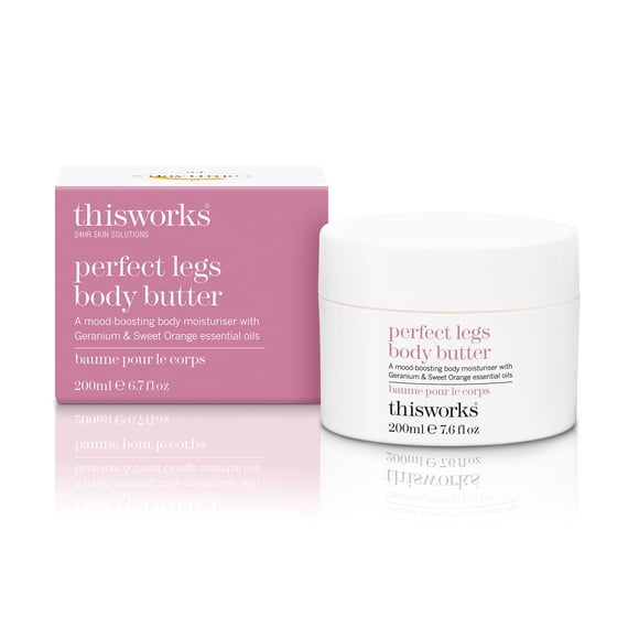 THISWORKS Perfect Legs Body Butter Crema corporal hidratante con aceites esenciales de geranio y naranja dulce, ácido hialurónico y manteca de karité 200 ml | 7,6 onzas