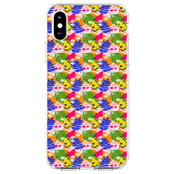 DistinctInk Clear Shockproof Hybrid Case for iPhone X / XS (5.8" Screen) - TPU Bumper, Acrylic Back, Tempered Glass Screen Protector - Summer Vibes Floral Pattern Blue Orange Pink