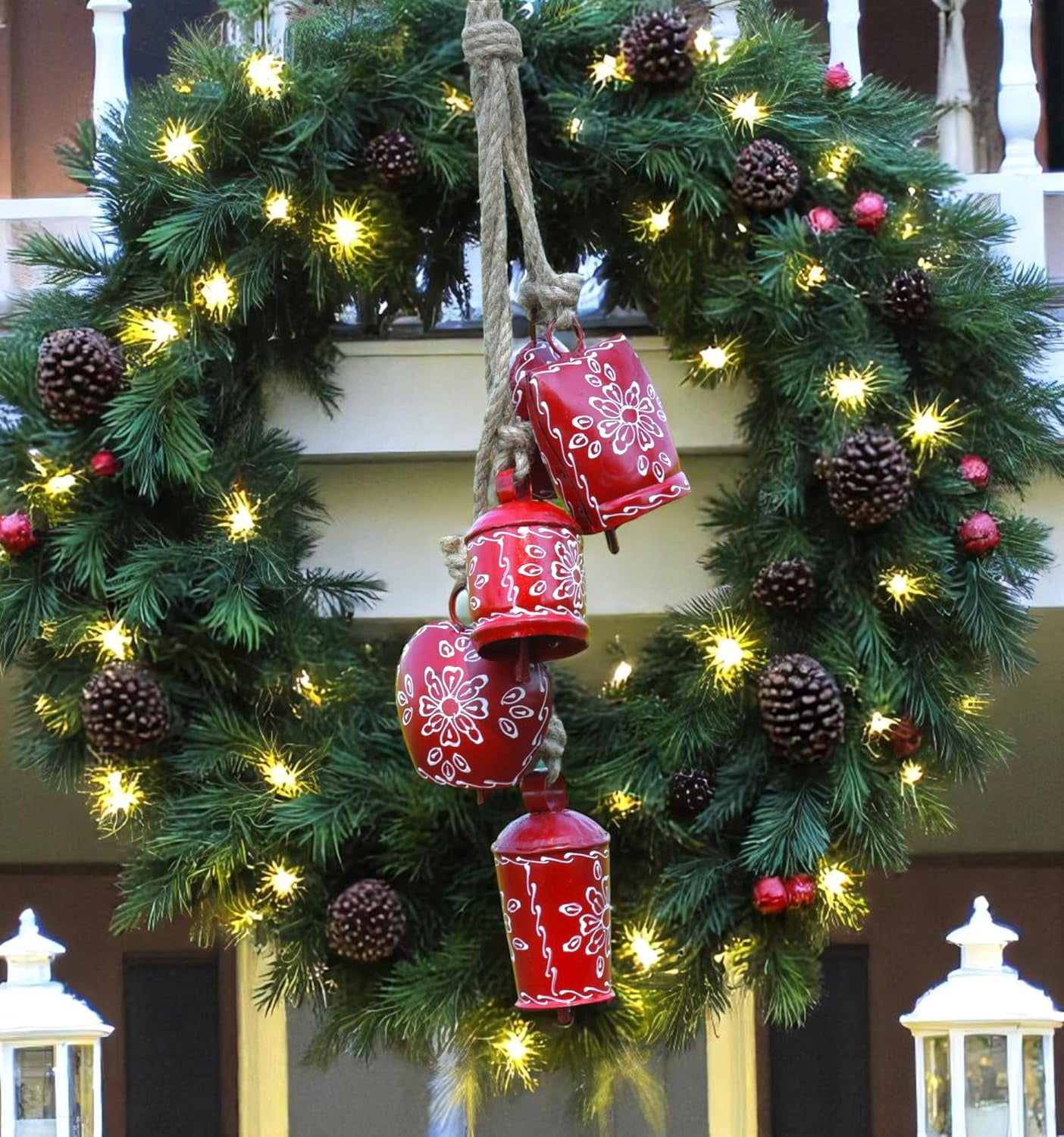 Vivanta Metal Vintage Rustic Cow Bell Wind Chime, Red, 25 inch, 5 Jingle Bells Boho Hanging, Outdoor Indoor Decor for Garden Door Porch Farmhouse and Meditation