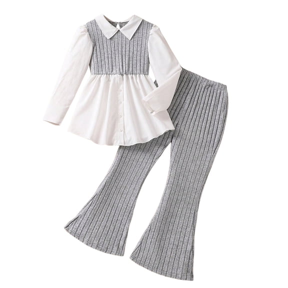 YDFCWXW Girls Long Sleeve Pants Set Casual V Neck Tunic Blouse Pants Fall Outfits Set (Grey, 11-12 Months)