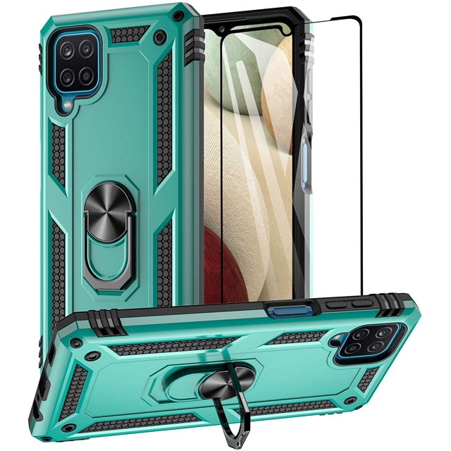 Wekity Galaxy A12 Case with Tempered Glass Screen Protector and Grip Ring Kickstand, Military Grade Protective Cover Magnetic Finger Loop Stand Phone Cases Compatible for Samsung Galaxy A12, Blue