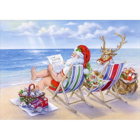 Red Farm Studios Santa Reading Gift List in Chair at Beach with Reindeer Warm Weather Box of 15 Christmas Cards