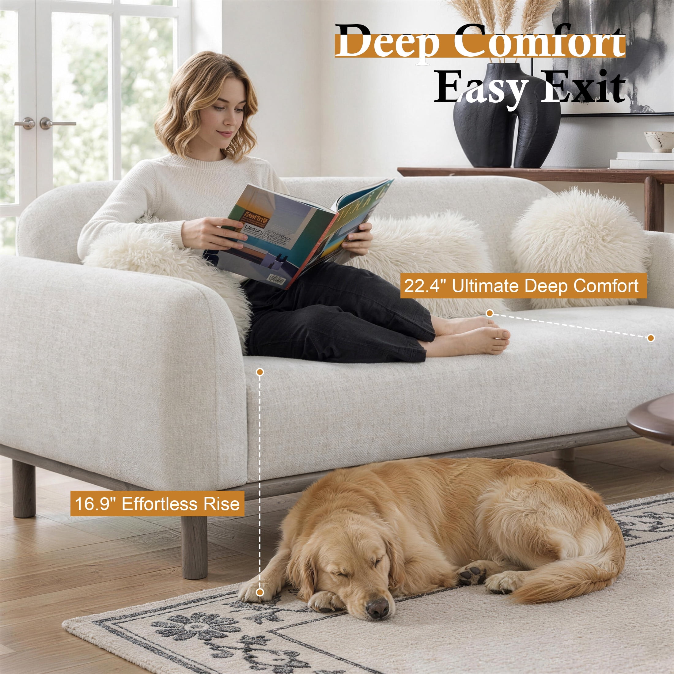 Aukfa 84" Contemporary Sofa, 3 Seater Couch for Living Room, Chenille, White
