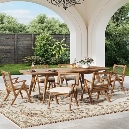 7-Piece Expandable Outdoor Dining Set: Acacia Wood Teak Table (71"-94.5") & Grey Rope Back Chairs with Cream Cushions for Patio & Garden Entertaining