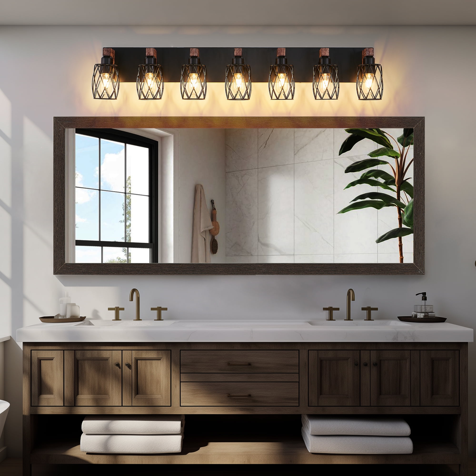 Farmhouse Bathroom Bathroom Vanity Light , 7 Light with Metal and Glass Lampshade, Wood Rustic Lighting Fixtures Over Mirror（44.3inch）