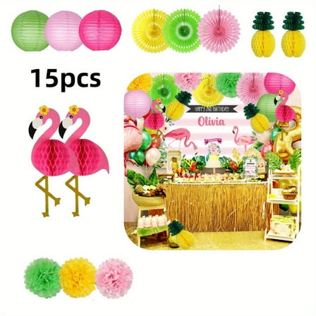 Flamingo Party Supplies, Hawaiian Party Decorations Flamingo and Pineapple Honeycomb Ball Paper Lanterns Paper Fans Pom poms Flowers for Birthday Luau Tropical Bachelorette Party