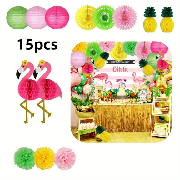 Flamingo Party Supplies, Hawaiian Party Decorations Flamingo and Pineapple Honeycomb Ball Paper Lanterns Paper Fans Pom poms Flowers for Birthday Luau Tropical Bachelorette Party