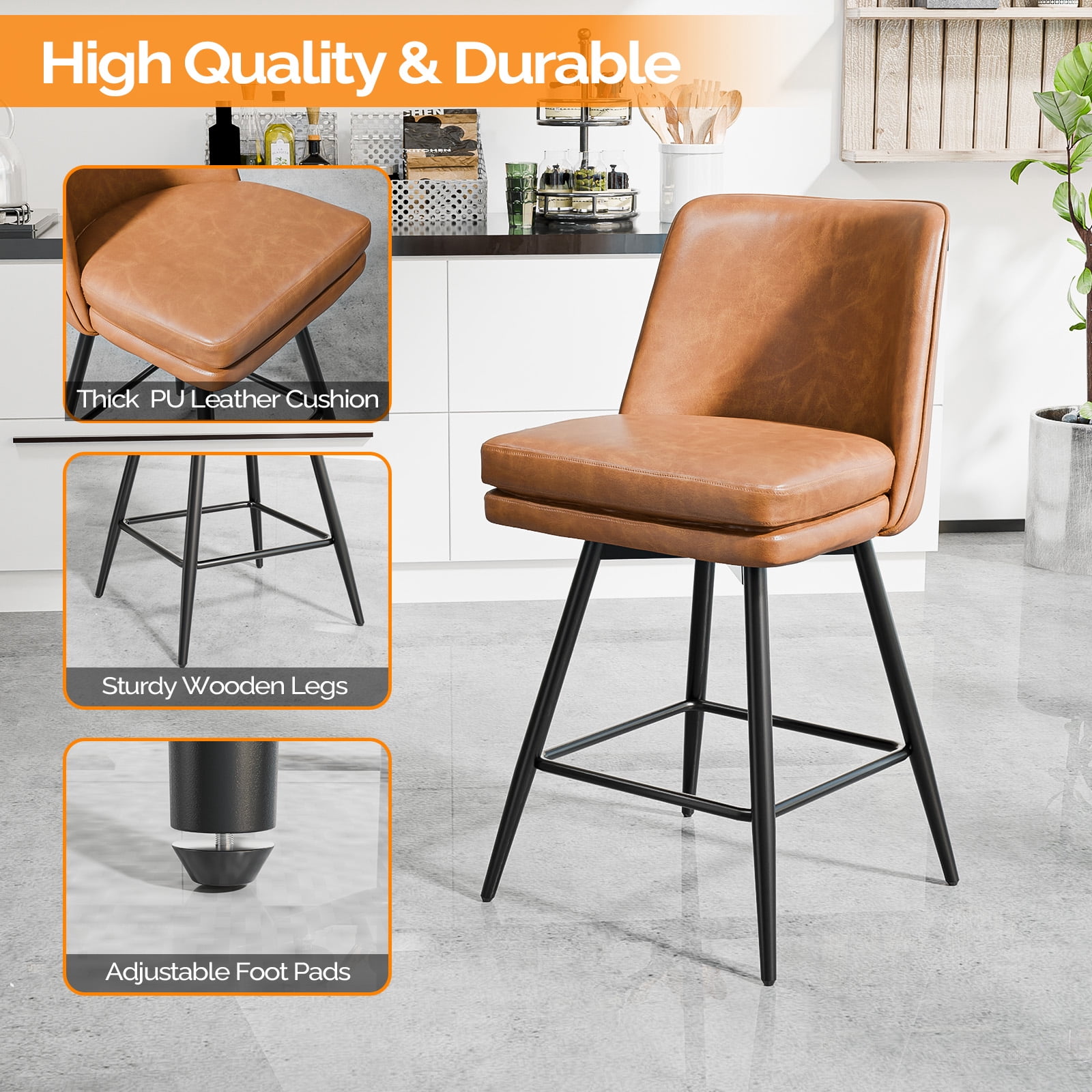 Zimtown Modern Bar Stools Set of 1, Swivel Barstool Counter Height Bar Chair, Kitchen Island Barstool 1 Pack, Light Brown