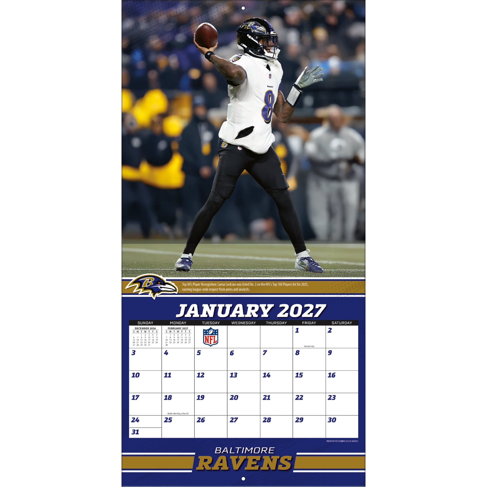 2027 Baltimore Ravens Lamar Jackson, 12x12 Team Wall Calendar, 12"x12", Multicolor