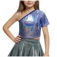 thumbnail image 2 of Teen Girls One Shoulder Cropped Tops Size 3-16 Short Sleeve T-Shirts Juniors Trendy Sparkly Shiny Solid Pullover Dance Performance Tees 2025, 2 of 4