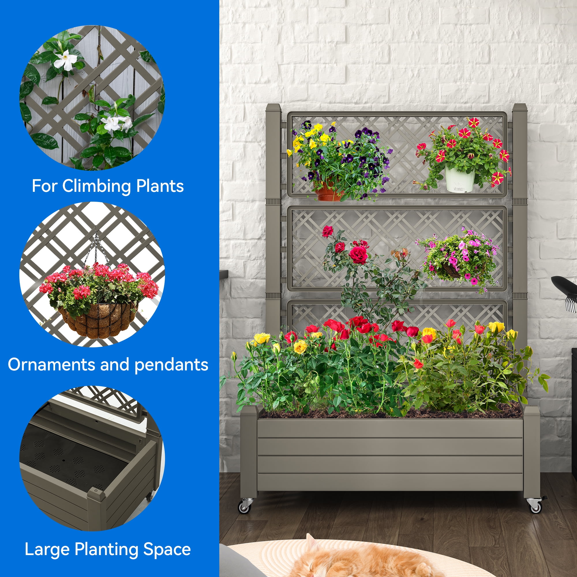 Dextrus 61'' Large Planter Box; Outdoor Raised Garden Bed with Trellis and Lockable Wheels,Ideal for Vines and Climbing Plants,with Drain Plug,43.3"L x 17.7"W x 61"H - Light Brown