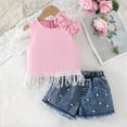 thumbnail image 6 of Zpanxa Girl Outfits Sets Girls Big Bow Sleeveless Crop Top and Floral Denim Shorts Set 2 Piece Outfit, 6 of 9