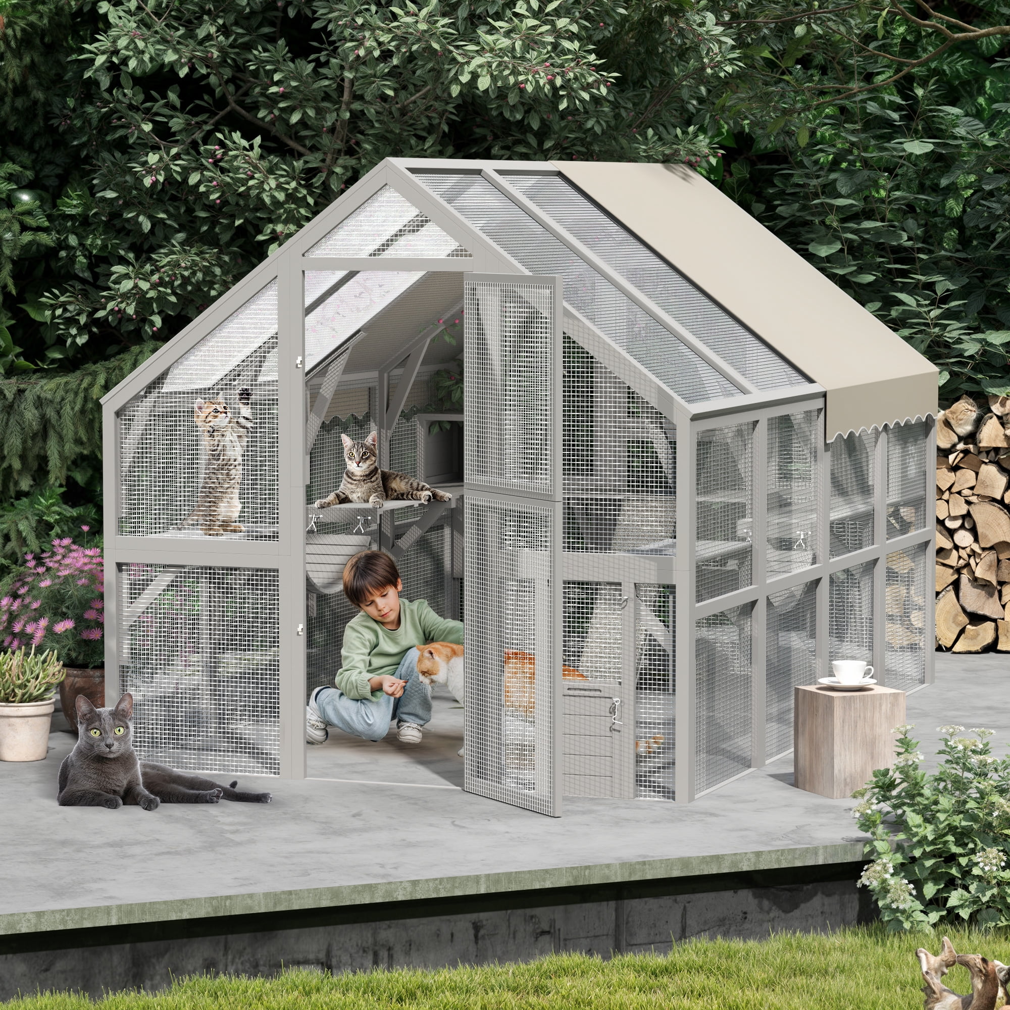 Uforic 110" Catio Outdoor Cat Enclosure Large Wooden Cat House with with Weatherproof Roof, Cat Scratcher Ramp, Space Capsule Bed, 2 Bridges, 2 Resting Houses, 7 Platforms for Multiple Cats