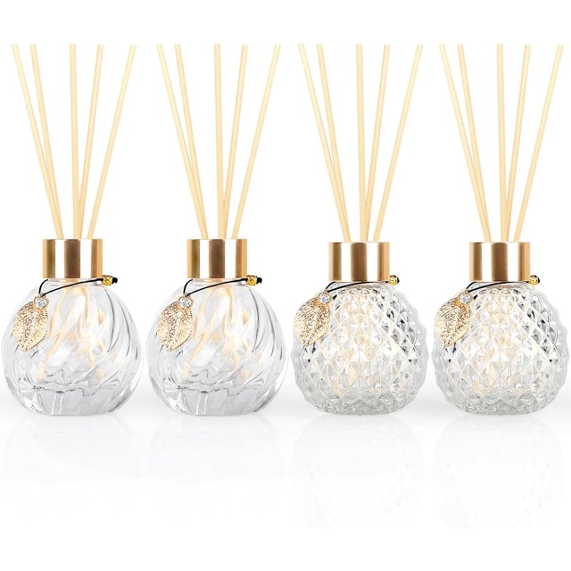 4Pcs Reed Diffuser Set with Metal Golden Decoration, 3.5oz-4.2oz Empty Reed Diffuser Bottles with 20Pcs Reed Diffuser Sticks, Unique Design Bottles for Home and Office (2 Twill + 2 Spiky Ellipsoidal)